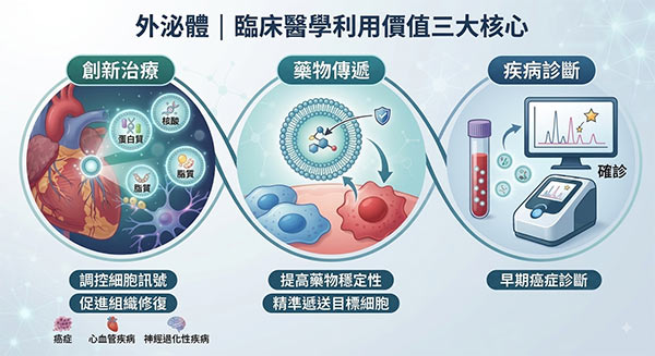 外泌體臨床醫學應用圖解:涵蓋疾病治療、精準藥物傳遞與早期疾病診斷三大價值。