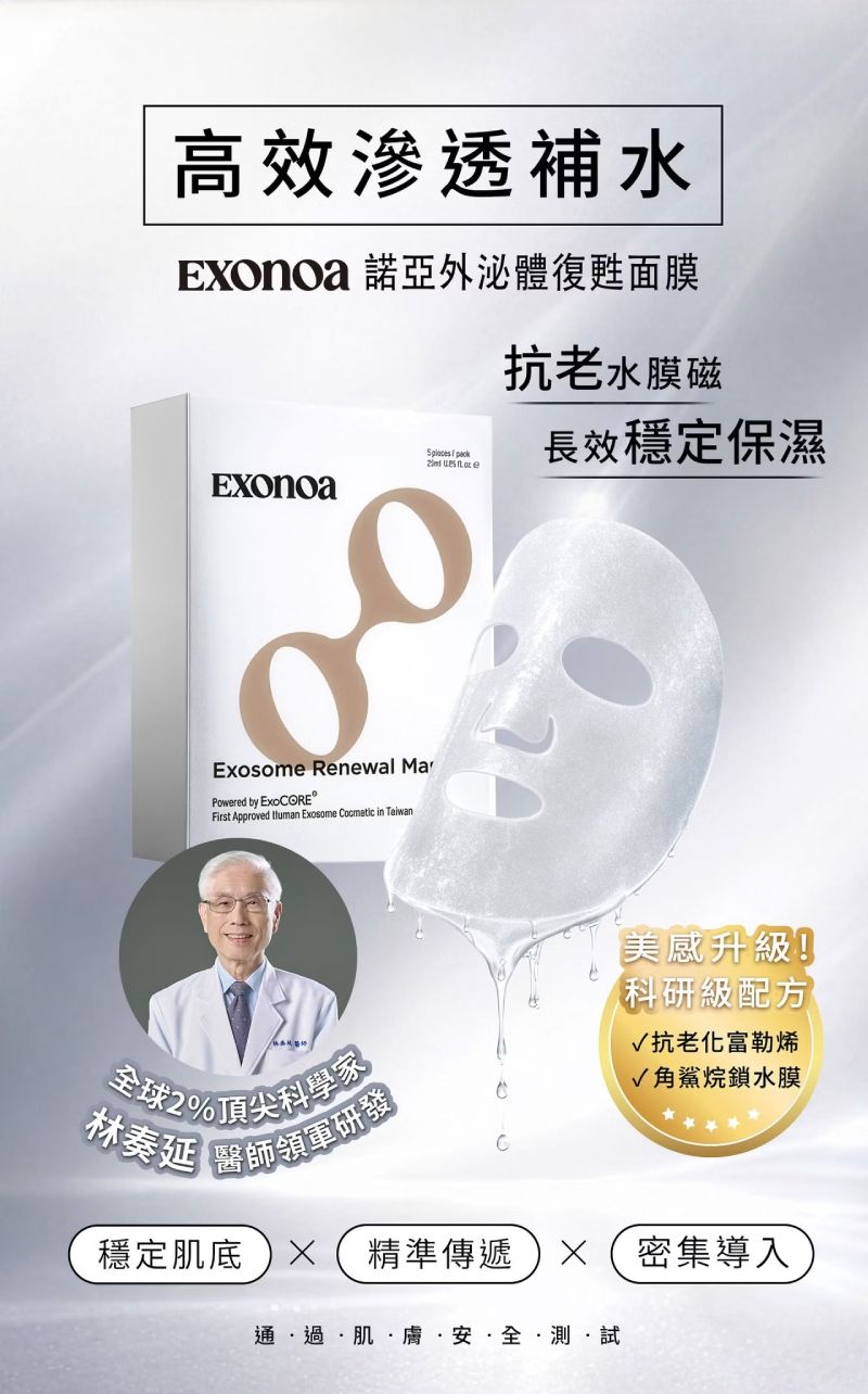 諾亞外泌體復甦面膜,林奏延醫師團隊研發,高效滲透補水與抗老保濕