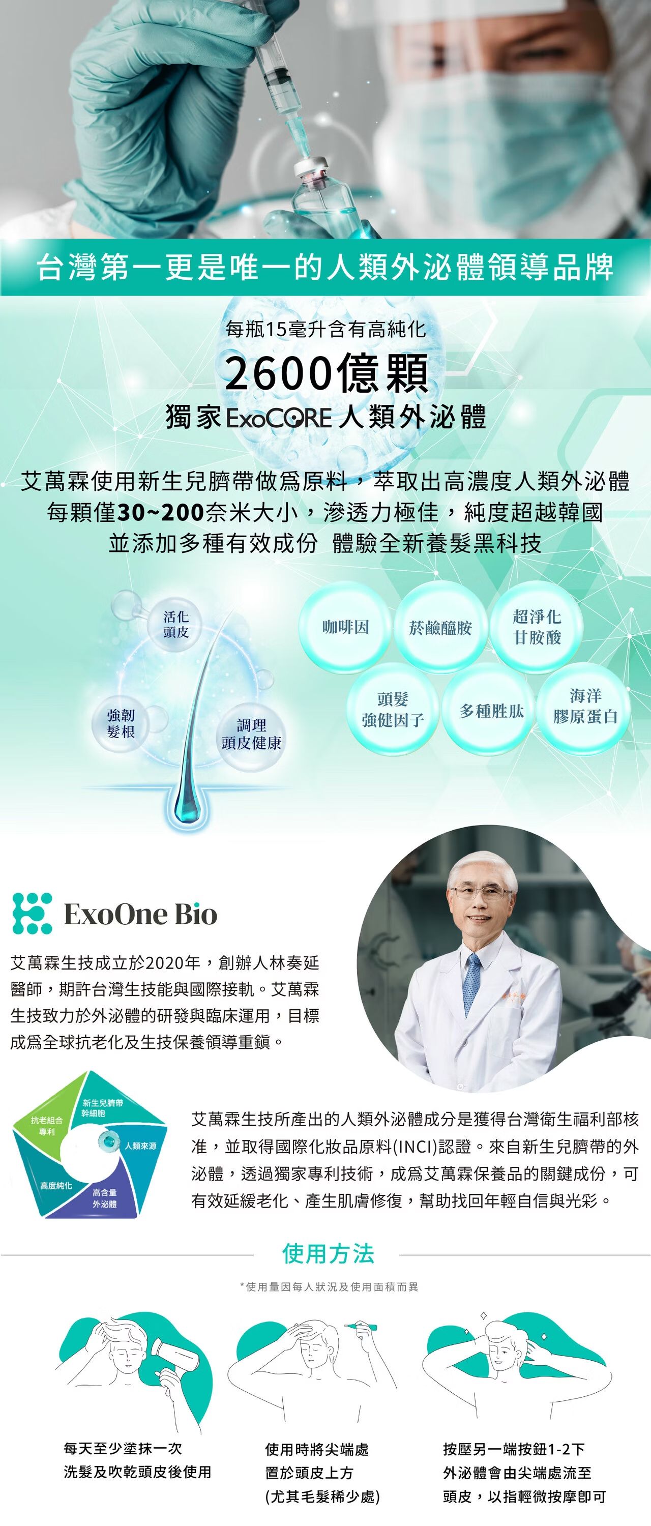 艾萬霖初髮本液，使用ExoCORE人類外泌體，2600億顆高純度配方，強健髮根活化頭皮